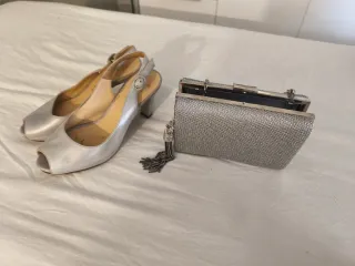 Zapatos Unida Piel y Bolso Fiesta Plateado