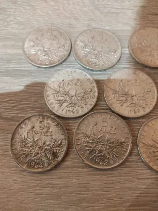 Lote 8 monete 5 Franchi Francesi in argento