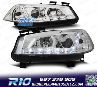 FAROS RENAULT MEGANE 02-05 LUZ DIURNA LED FONDO CROMO