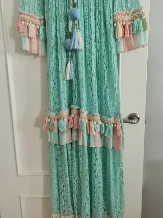 Vestido boho verde y rosa talla única
