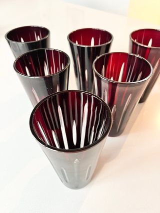 Juego 6 vasos cristal checo vintage rubí