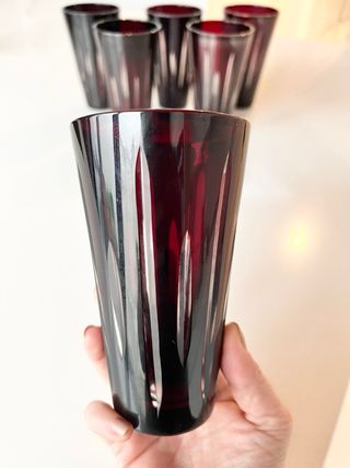 Juego 6 vasos cristal checo vintage rubí