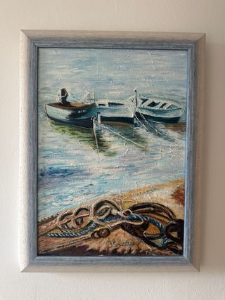 Cuadro pintado a mano barcas y cuerdas