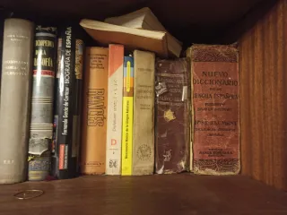 Estantería con libros y figuras