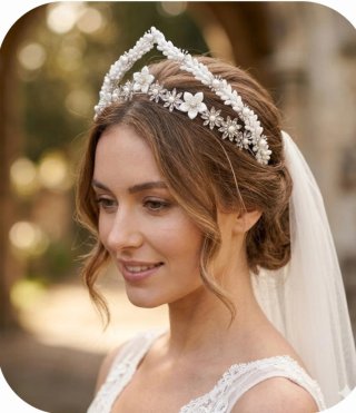 Tocado Novia Tiara Flores Perlas Plata Blanco
