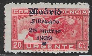 Madrid Liberada 28 Marzo 1939 Sello 20 cts rara