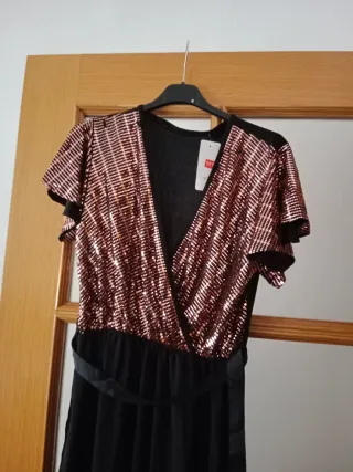 Vestido fiesta lentejuelas negro y rosa