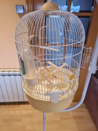 Jaula de pie para canarios blanca y amarilla