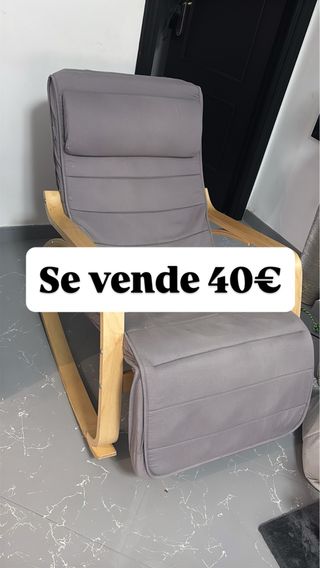 Sillón Mecedora Madera y Tela Gris reclinable