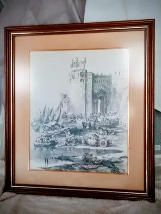 Cuadro antiguo puerto co.n barcos y muralla