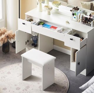 Tocador blanco con taburete y escritorio