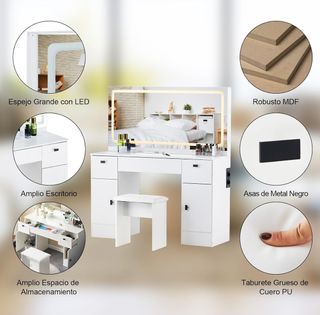 Tocador blanco con taburete y escritorio
