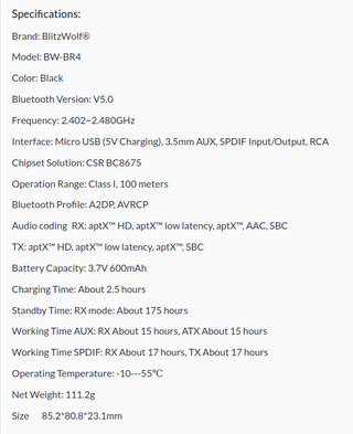 BlitzWolf BW-BR4 Transmisor/Receptor Bluetooth 5.0