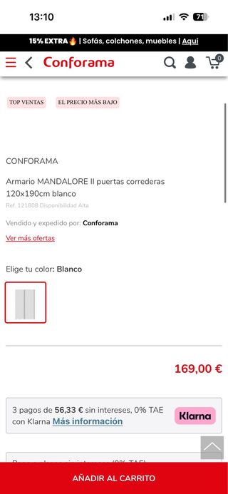 Armario Conforama puertas correderas 120x190