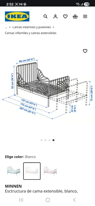 Cama extensible Ikea MINNEN blanca con colchon