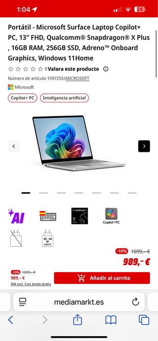 Microsoft Surface Snap X Adreno X1-85 NO NEGOCIO