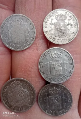 5 Monete Alfonso XIII 50 Centesimi Argento