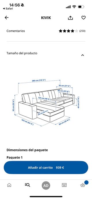 Sofá Chaiselongue Ikea KIVIK Gris