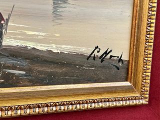 Antico quadro a olio con scena marina