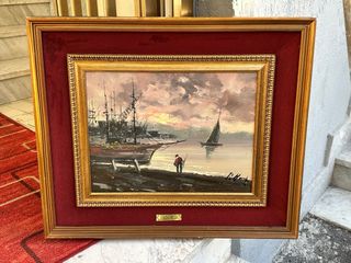 Antico quadro a olio con scena marina