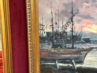 Antico quadro a olio con scena marina