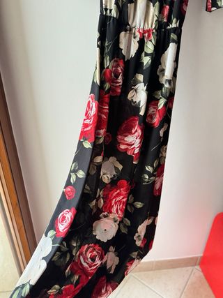 Flower black Italian long dress red/cream roses