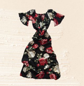Flower black Italian long dress red/cream roses