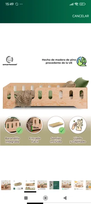Cama infantil Montessori de madera 70x140+colchón