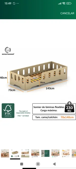 Cama infantil Montessori de madera 70x140+colchón