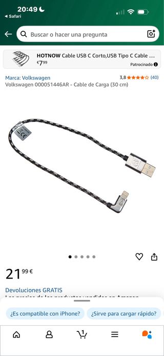 Cable Carga VW 30cm USB-C a Lightning