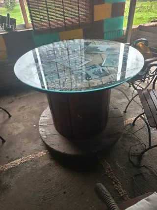 Mesa Bobina Madera Cristal 1, 20 de diametro