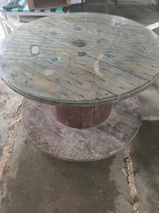 Mesa Bobina Madera con Tapa de Cristal