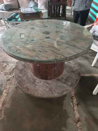 Mesa Bobina Madera con Tapa de Cristal
