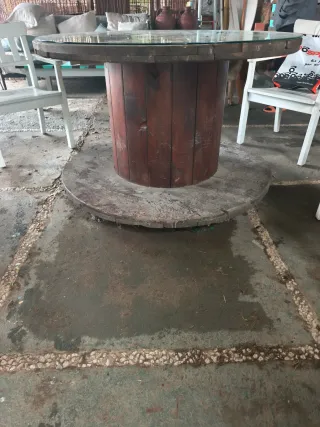 Mesa Bobina Madera con Tapa de Cristal