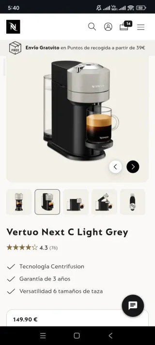 Cafetera Nespresso Vertuo Next C Gris