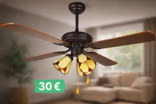Lámpara Ventilador Techo Madera Cristal