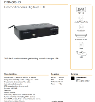 TDT Sunstech DTB4600HD con USB y HDMI