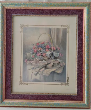 Cuadro de flores y violín Marco verde y dorado