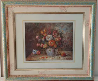 Cuadro Jarrón Flores  Marco verde y dorado