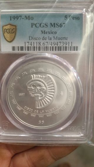 Moneda México 5 Pesos 1997 MS67 Disco de la Muerte