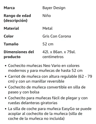 Carrito juguete de muñecas gris con bolso