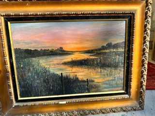 Antico dipinto paesaggio tramonto 40x50