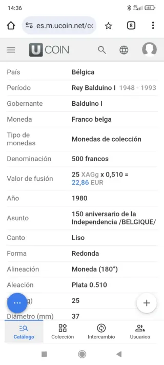 2 Monete d'Argento Belgio 500 Franchi