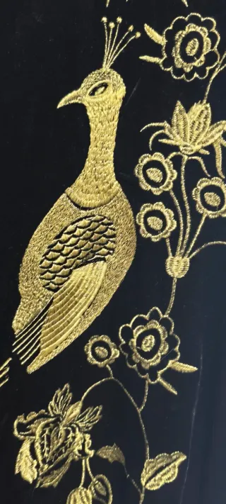 Vestido Terciopelo Negro Bordado Pavo Real Dorado