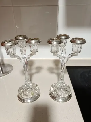 Pareja de Candelabros de cristal y plata