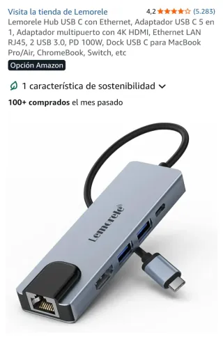 Lemorele Hub USB C con Ethernet, Adaptador USB C 5