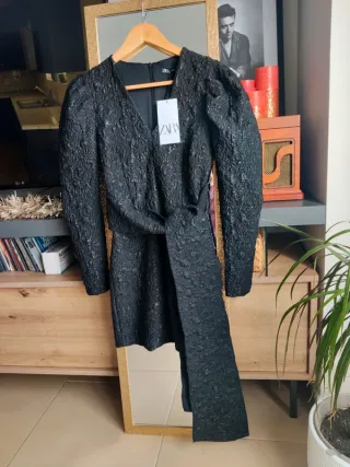 Vestido fiesta noche Zara negro brillos lazo