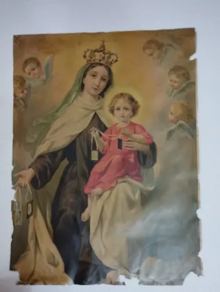 Lámina antigua Virgen y Niño Jesús 63x47