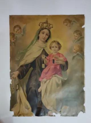 Lámina antigua Virgen y Niño Jesús 63x47