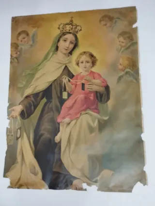 Lámina antigua Virgen y Niño Jesús 63x47